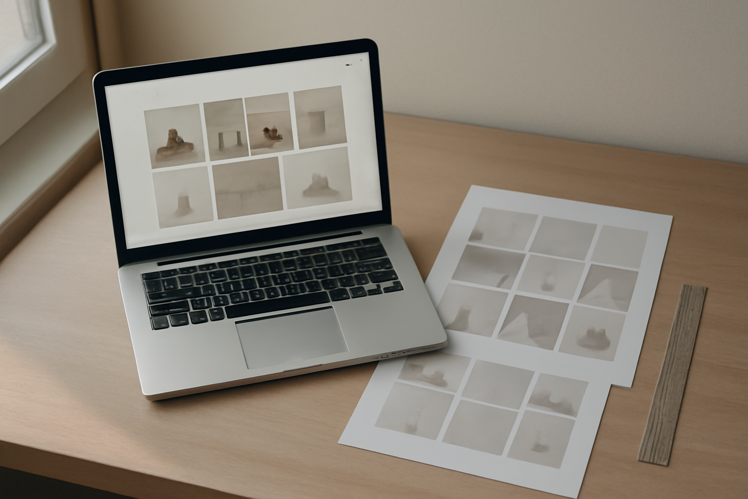 Meja desainer dengan laptop menampilkan grid portofolio desain dan cetakan layout yang tersusun rapi