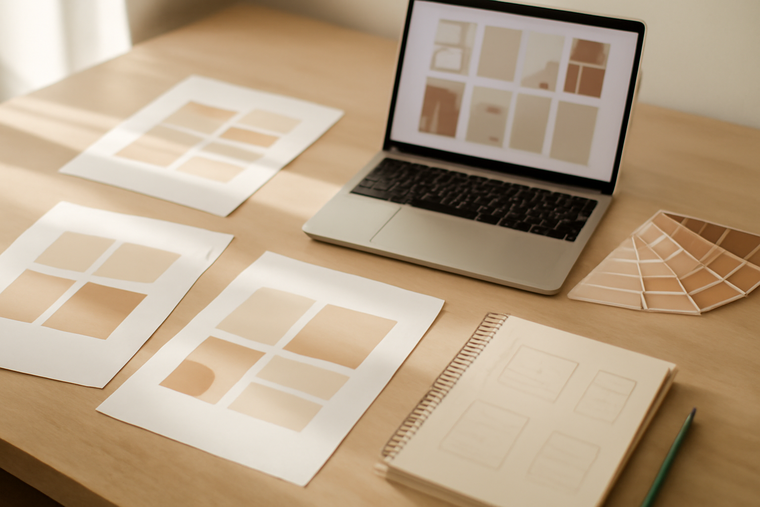 Meja kerja desainer dengan cetakan mockup, laptop berisi tata letak portofolio, dan kartu warna