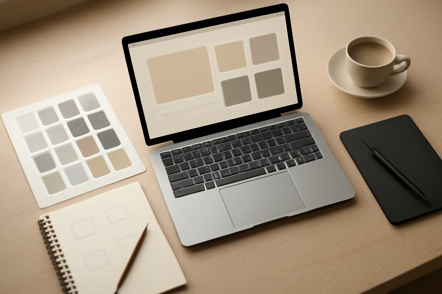 Meja kerja desainer dengan laptop menampilkan tata letak portofolio digital dan contoh warna cetak