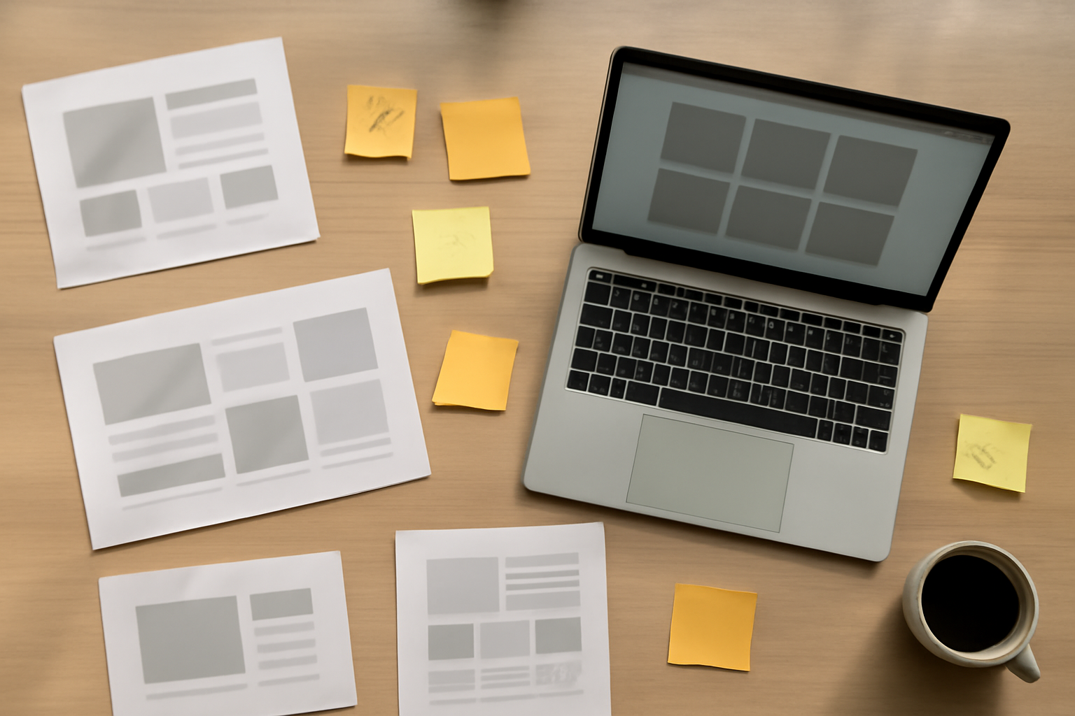 Meja desainer dengan cetakan mockup dan laptop berisi susunan portofolio yang sedang disortir