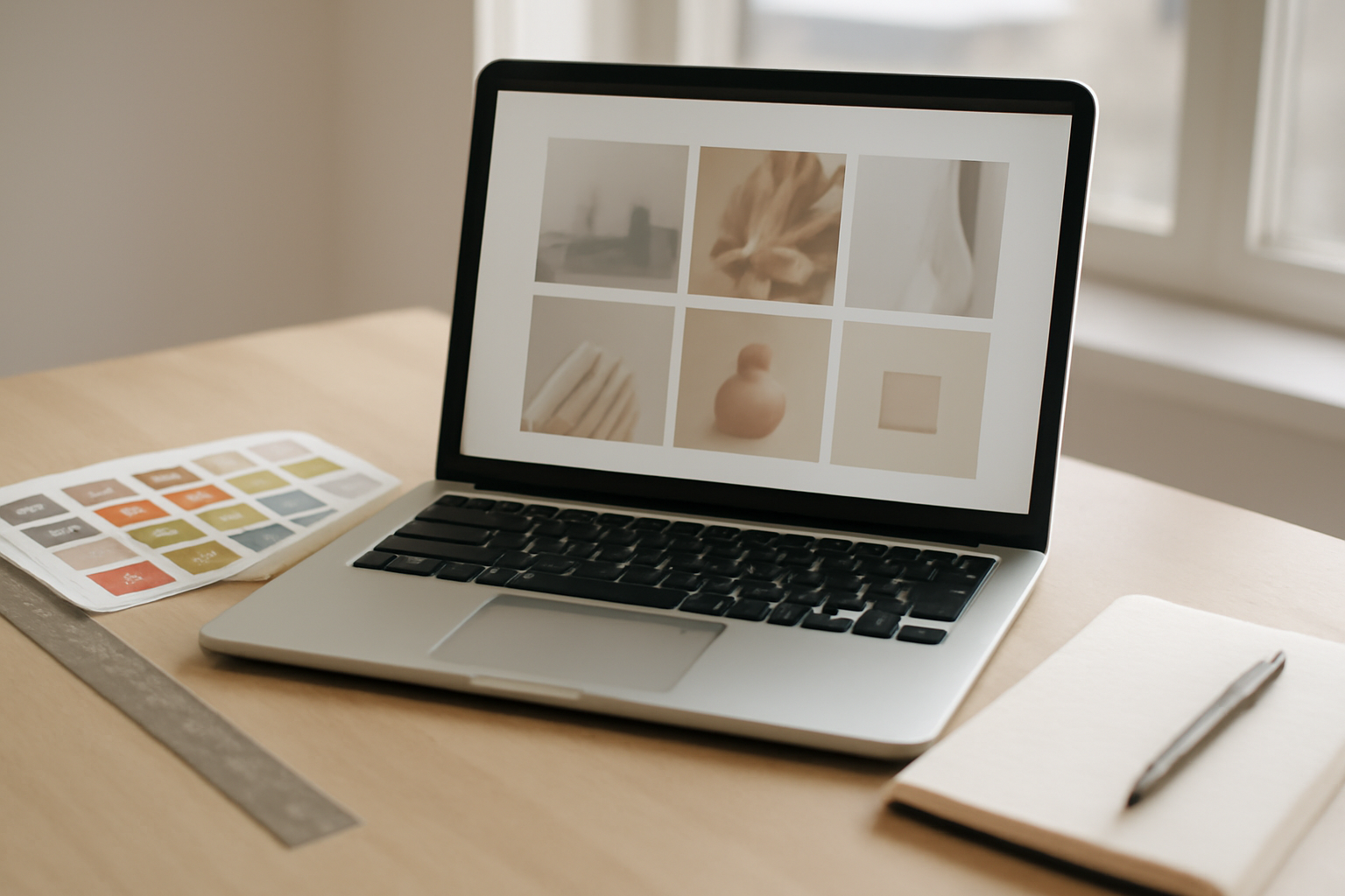Meja desainer dengan laptop menampilkan layout portofolio dan perlengkapan desain