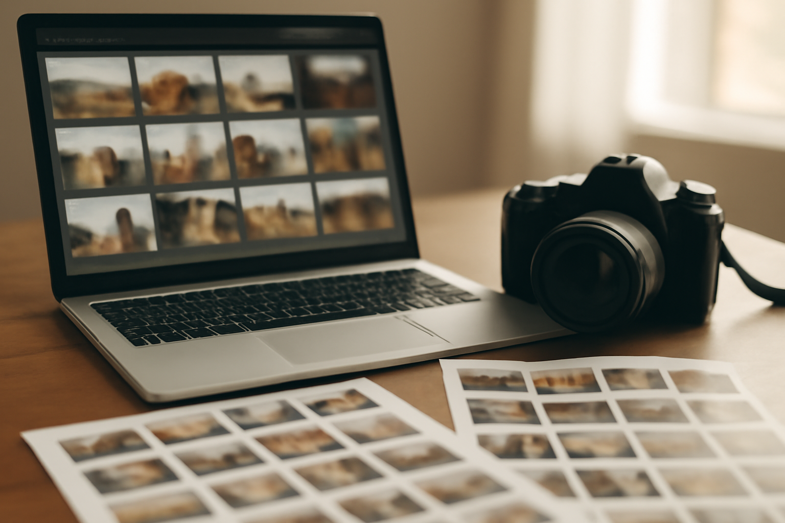 Meja kerja fotografer dengan laptop berisi susunan foto dan lembar kontak cetak untuk menyusun portofolio