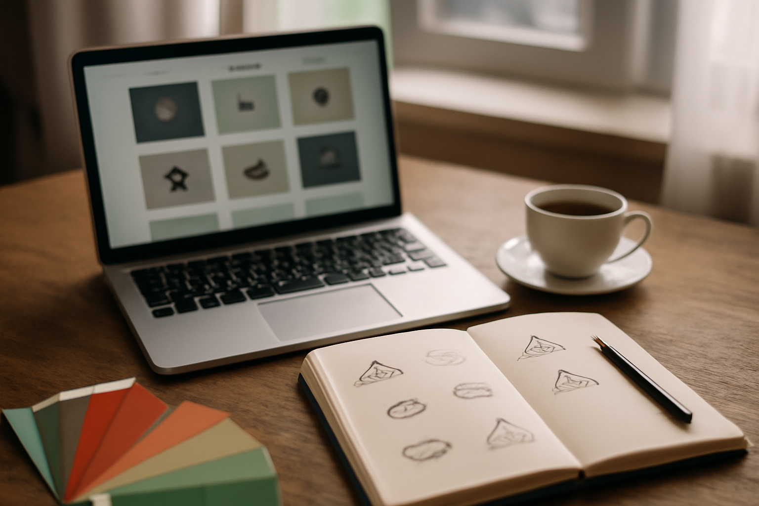 Meja kerja desainer dengan laptop menampilkan portofolio dan sketsa logo