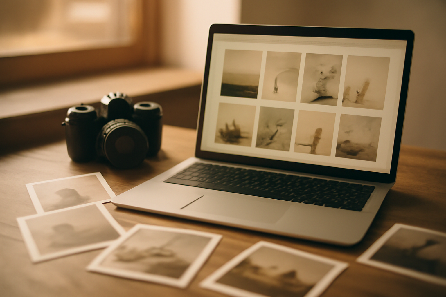 Meja kerja desainer dengan laptop menampilkan tata letak portofolio digital dan cetakan foto di sampingnya
