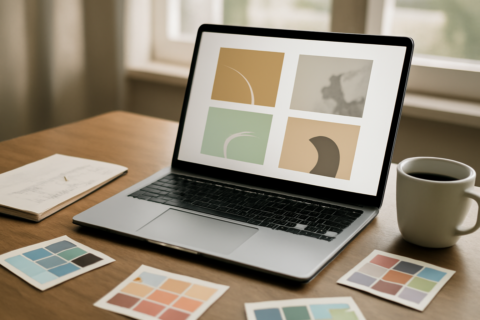 Meja kerja desainer grafis dengan laptop menampilkan portofolio dan perlengkapan desain