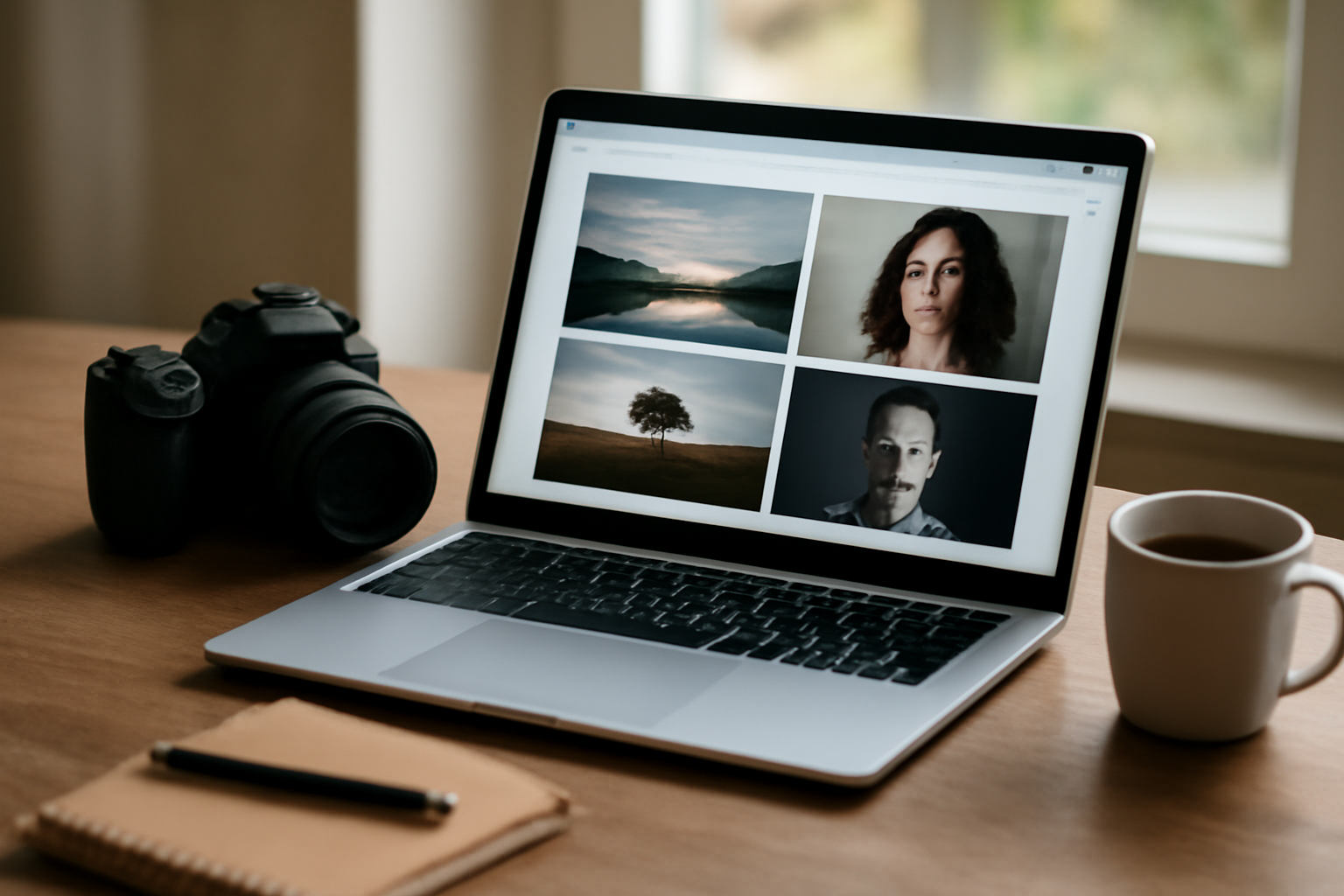 Meja kerja fotografer dengan laptop menampilkan portofolio digital dan kamera